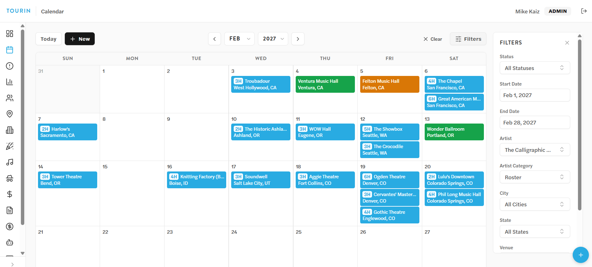 Tourin's calendar: a month of shows with hold-level badges and status colors, filtered to one artist