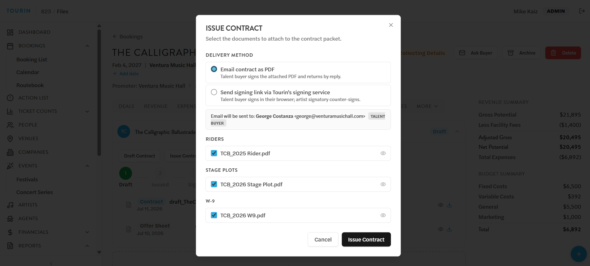 Tourin's Issue Contract dialog over a booking: choose email PDF or a signing link, with the rider, stage plot, and W-9 attached to the contract packet